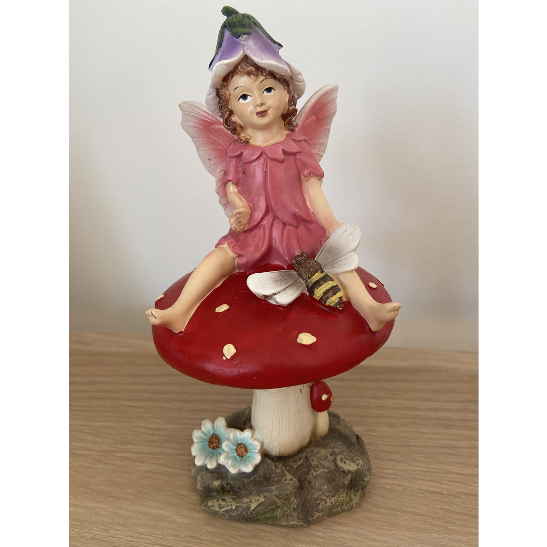 Fairy Pixie Figurine Sitting on Mushroom with a Bee