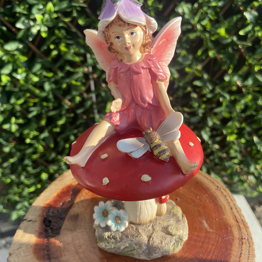 Fairy Pixie Figurine Sitting on Mushroom with a Bee