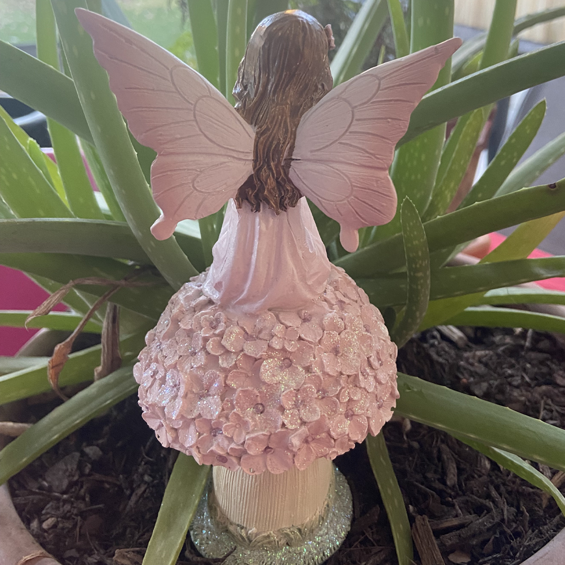 Pink Fairy on a Floral Mushroom Figurine