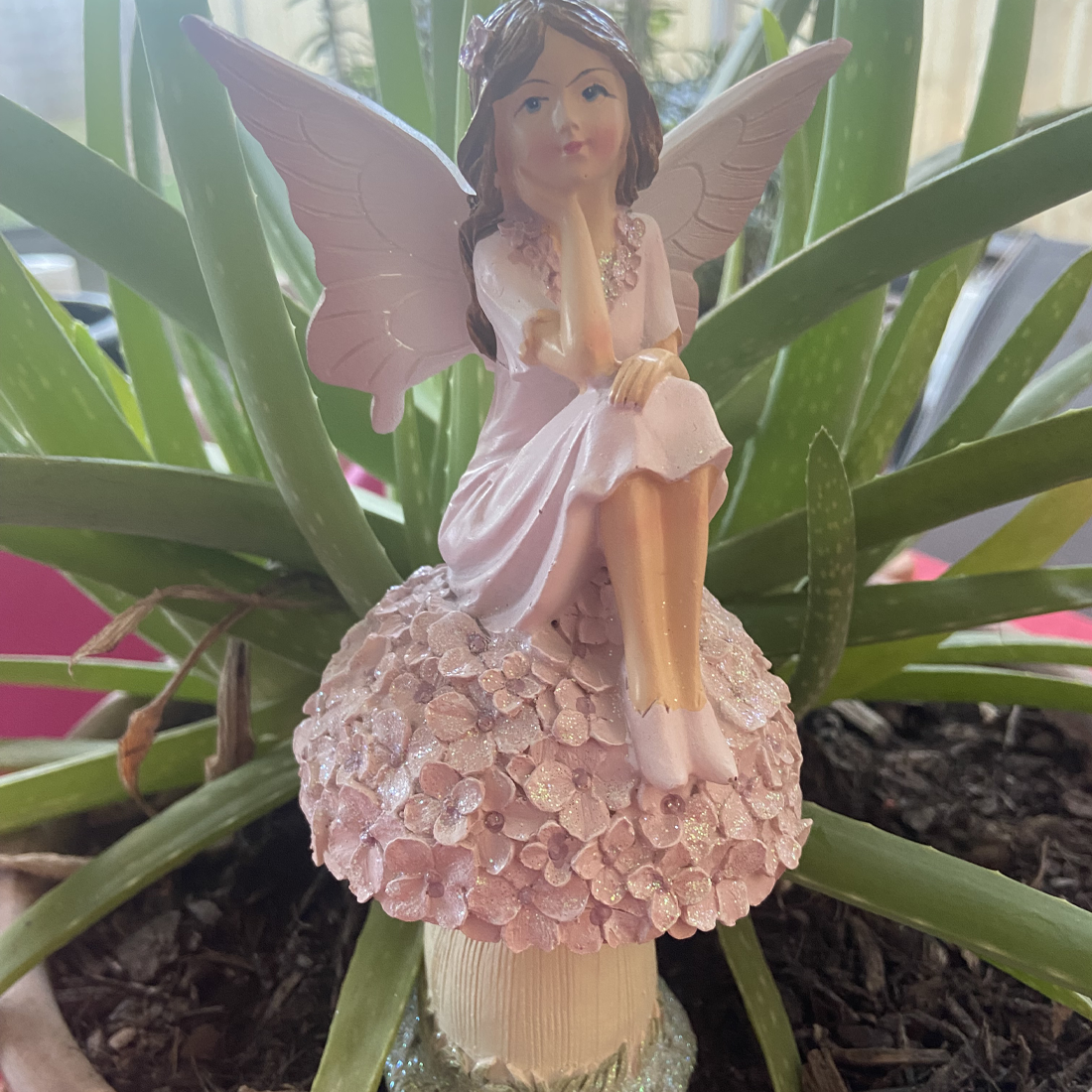 Pink Fairy on a Floral Mushroom Figurine