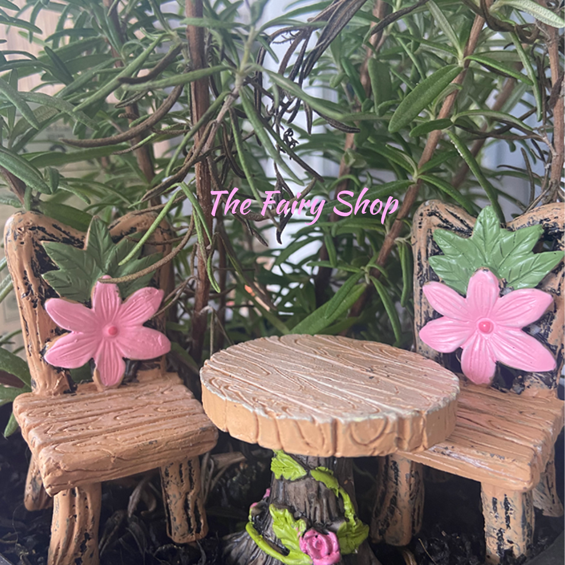 Fairy Garden Table & 2 Chairs with Pink Flower Design